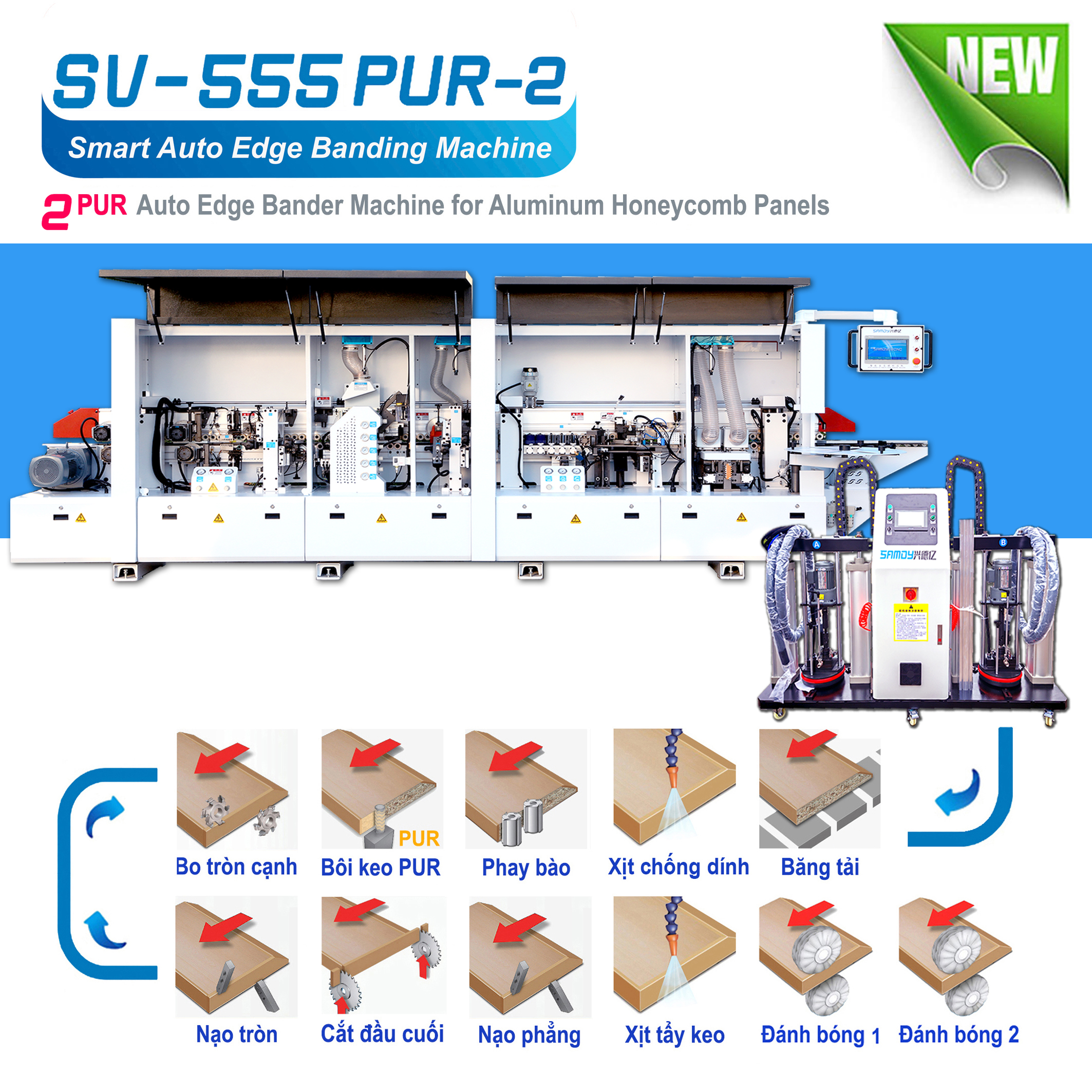Máy dán cạnh SAMDY 8 công năng băng tải chạy bánh xe dẻo chuyên dụng cho dán cạnh tấm nhôm tổ ong và dán gỗ Model. SV - 555PUR - 2