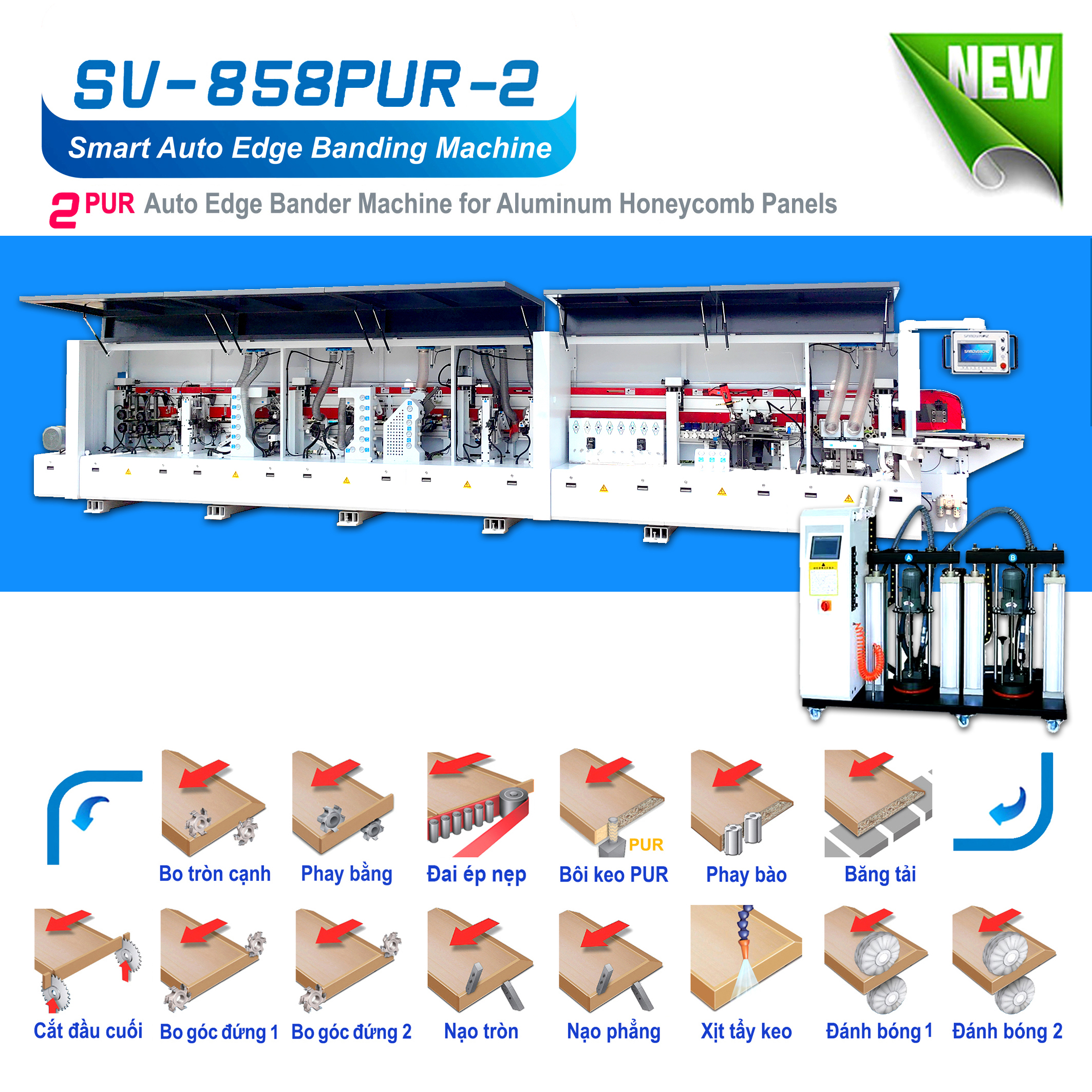 Máy dán cạnh SAMDY 12 công năng băng tải chạy dây đai BELT chuyên dụng cho dán cạnh tấm nhôm tổ ong và dán gỗ Model. SV - 858 PUR - 2
