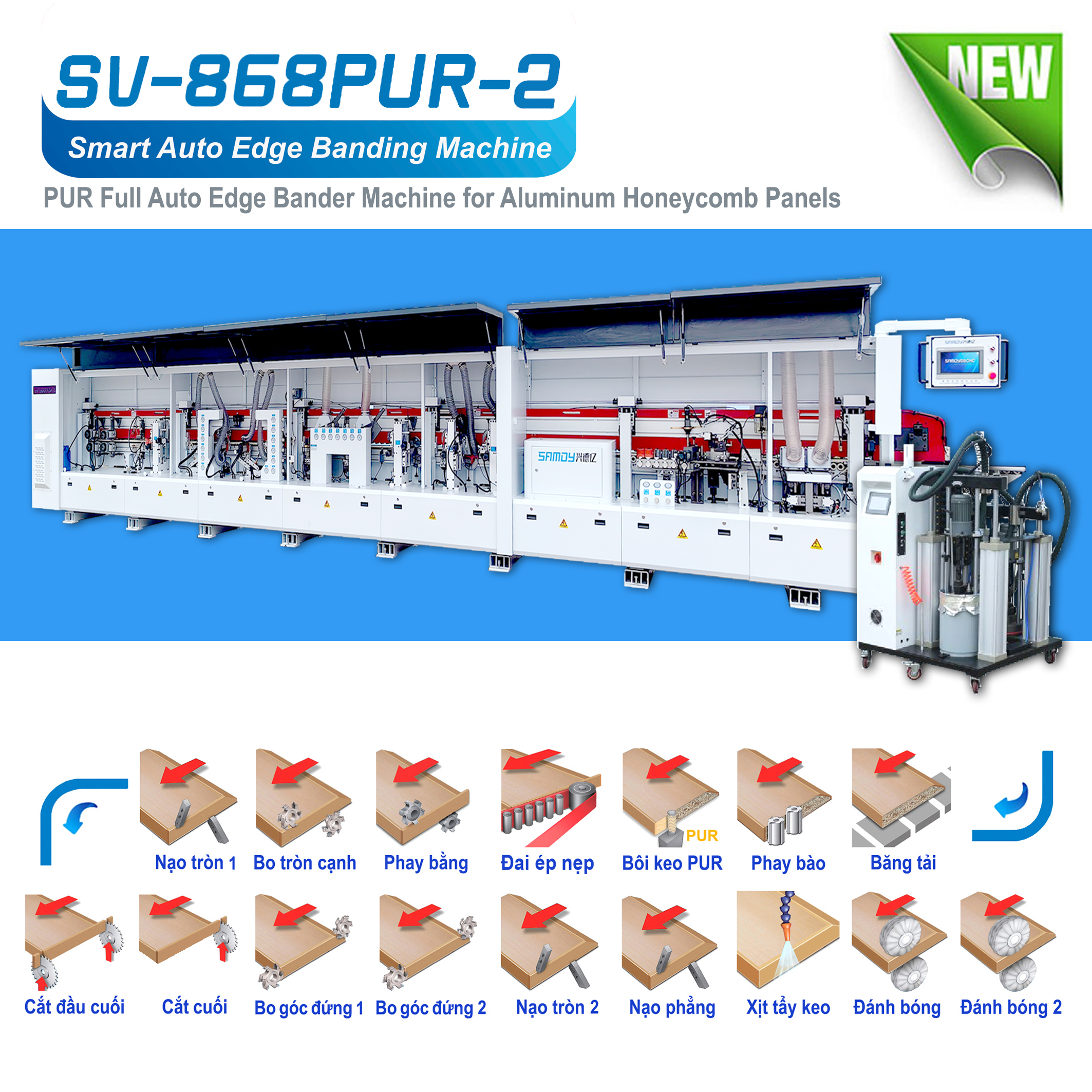 Máy dán cạnh SAMDY 13 công năng băng tải chạy dây đai BELT chuyên dụng cho dán cạnh tấm nhôm tổ ong và dán gỗ Model. SV - 868 PUR - 2